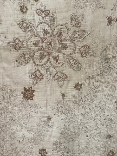 Rare Antique Hand Embroidered Kantha Quilt with Birds & Trees of Life: 19th Century, Bangladesh