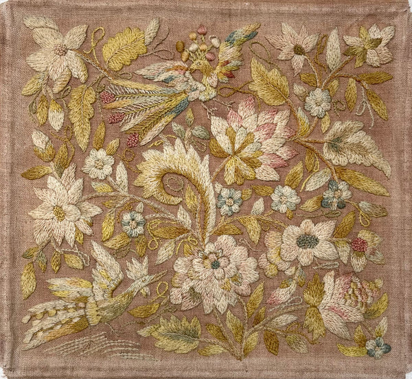 Antique Georgian Crewelwork Embroidery with Birds and Florals: C1700s England
