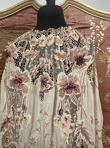 Antique Edwardian Art Nouveau Embroidered and Appliquéd Florals Silk Cape: C1910 France