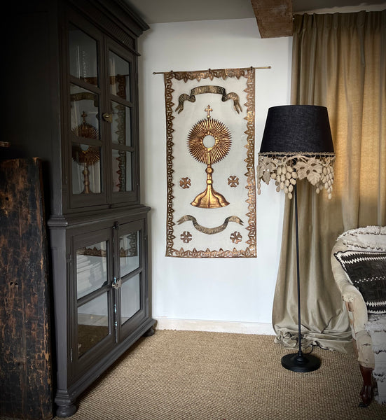 Large Size Lampshade with Antique Richelieu Embroidered Border with Art Deco Stumpwork Grapes: C1920s France