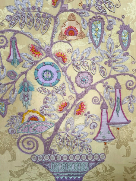 Antique Crewelwork Embroidered Tree of Life in Vase: C1910/20 Vienna, Austria