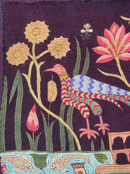 Antique Silk Embroidery with Houseboats, Birds and Florals: Late 19th, Srinagar, Kashmir, India