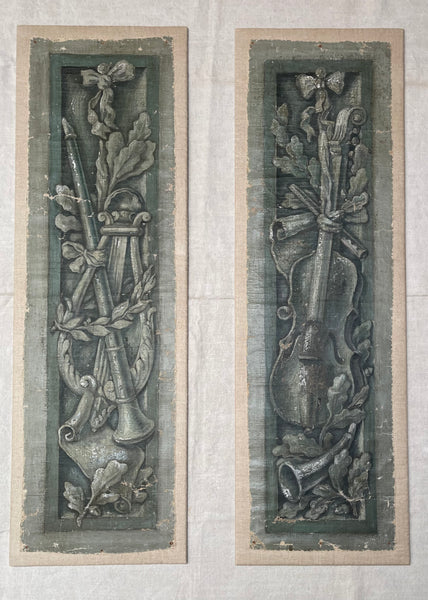 Pair Antique Trompe L’oiel Hand-painted Panels with Neo Classical Music Theme: C19th France