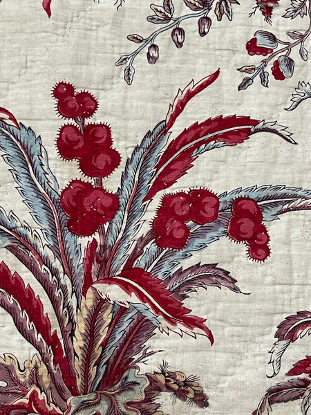 Rare Antique Indiennes Block Print Quilted Panel with Exotic Fruit and Foliage: C18th France