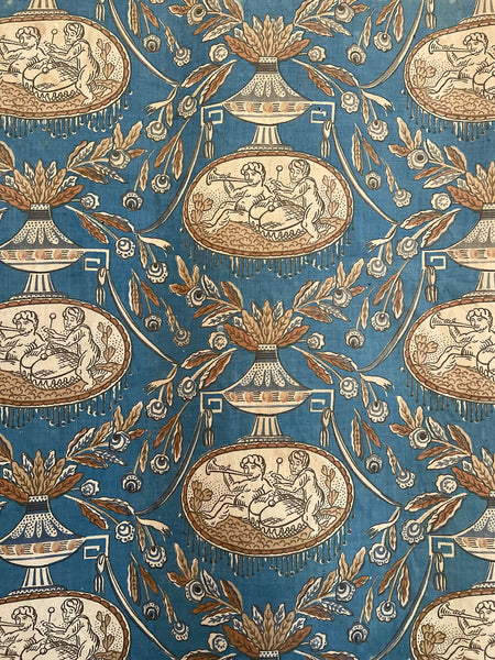 Rare Block Print Neoclassical Toile with Figures & Musical Instruments: C1800 France