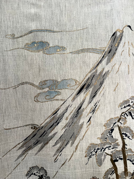 Traditional Block Printed Hand Painted Wallhanging with Mount Fuji: C1930 Japan