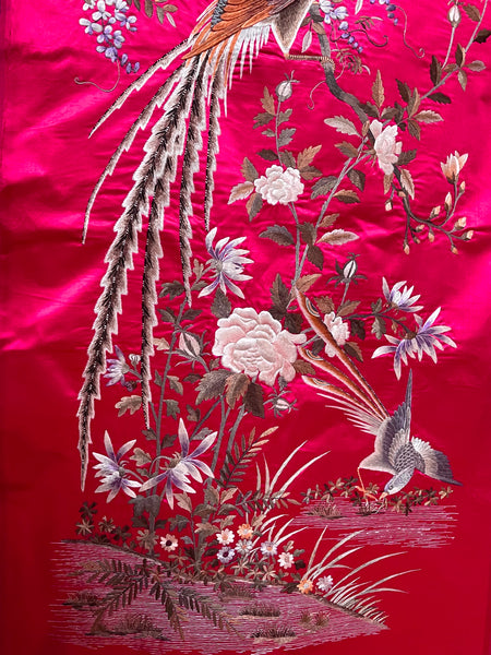 Antique Silk Embroidered Wall Hanging with Birds and Florals: C1900 China