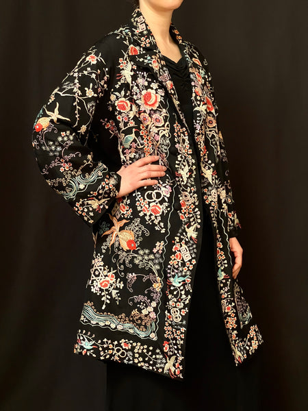 Antique Silk Embroidered Coat with Flowers, Birds, Koi: C1930 Canton, China for export.