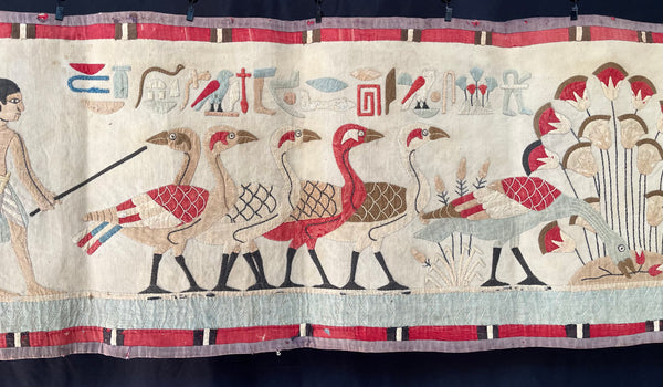 Antique Egyptian Revival Appliqué Wallhanging with Herders, Geese, Hieroglyphics: C1920s Egypt
