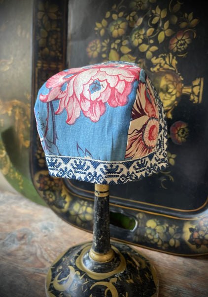 Antique Traditional Folk Costume Babies Chintz Bonnet: C19th Marken, Netherlands Blue/pink