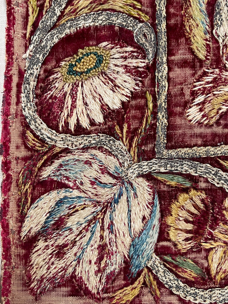 Early Silk and Metal Thread Embroidered Velvet Panel with Peacock and Flowers: C17th Italy or Spain