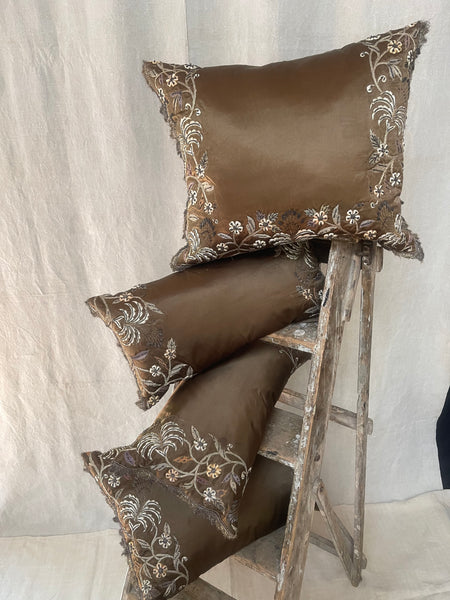 Bespoke Handmade Antique Silk and Gilt Embroidered Cushion Large Size: C19th India
