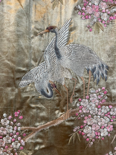 Antique Silk Embroidered Tapestry Wallhanging with Cherry Blossom & Storks: Japanese Meiji Period C19th Century. 223 x 175cm