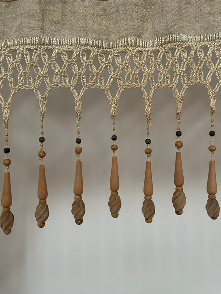 Antique Richelieu Hand Embroidered Pelmet or Café Curtain with Carved Beaded Fringe: C1900 France