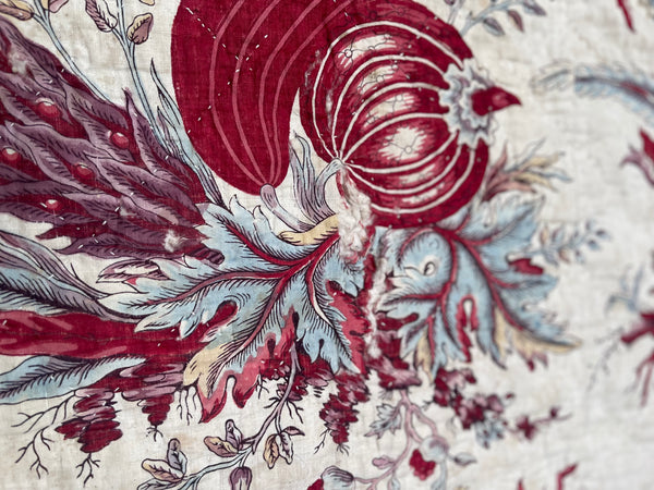Rare Antique Indiennes Block Print Quilted Panel with Exotic Fruit and Foliage: C18th France