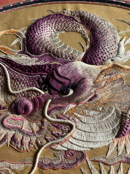 Extraordinarily Fine Stumpwork Embroidered Dragon Chasing Pearl: C1900 China