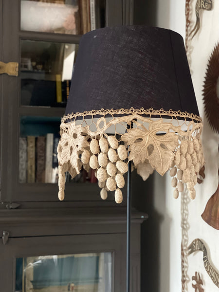 Large Size Lampshade with Antique Richelieu Embroidered Border with Art Deco Stumpwork Grapes: C1920s France