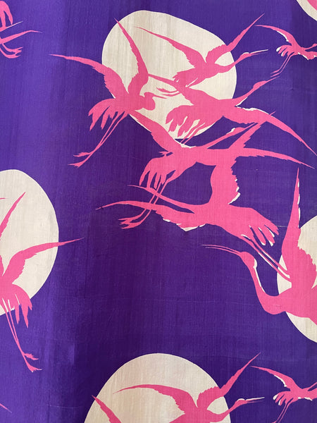 Art Deco era Printed Silk with Cranes Flying across Moon: C1920 Japan