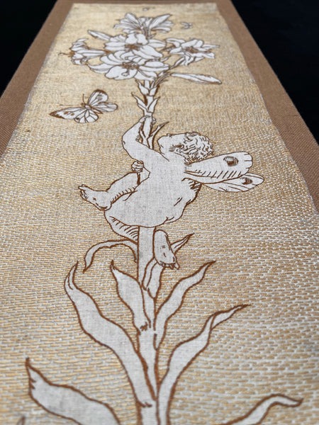 Antique Art Nouveau Silk Embroidery with Cupid & Lily in the manner of Walter Crane: C1900 England