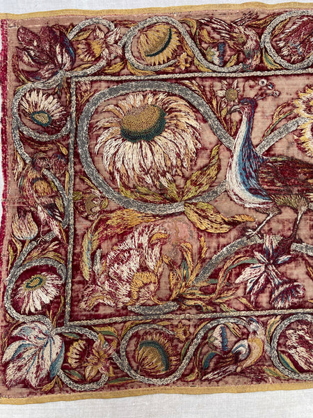 Early Silk and Metal Thread Embroidered Velvet Panel with Peacock and Flowers: C17th Italy or Spain