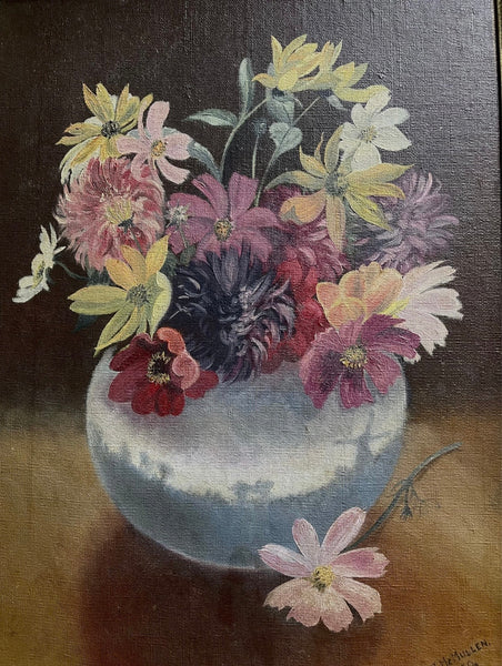 Still life Painting with Vase of Flowers: C1950 British