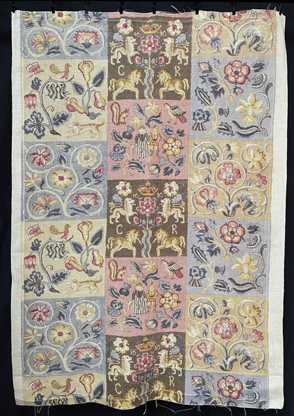 Charming Jacobean Revival Printed Linen Panel with Figures, Animals,  Florals: C1920 England