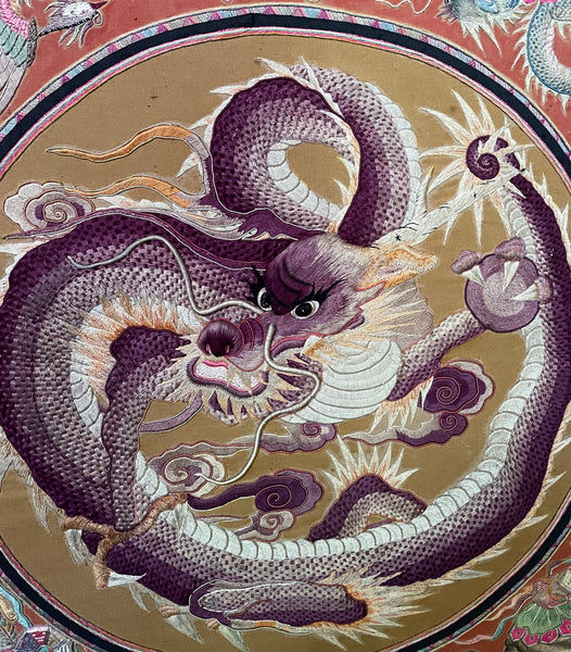 Extraordinarily Fine Stumpwork Embroidered Dragon Chasing Pearl: C1900 China