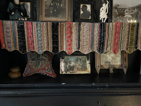 Handmade Victorian Silk Velvet Embroidered Shelf Pelmets x 3: C19th Britain