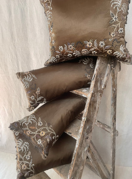 Bespoke Handmade Antique Silk and Gilt Embroidered Cushion Large Size: C19th India