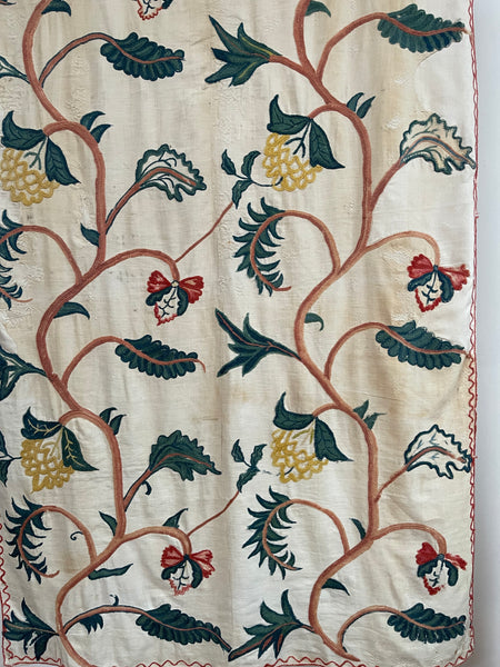 Original Antique Crewelwork Embroidered Bed Hanging: C18th Britain