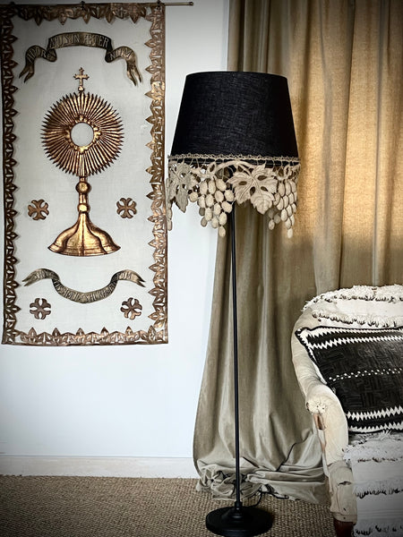Large Size Lampshade with Antique Richelieu Embroidered Border with Art Deco Stumpwork Grapes: C1920s France