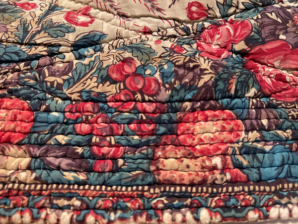 Antique Quilted Block Print & Hand Painted Floral Mezzaro Border: C19th Europe
