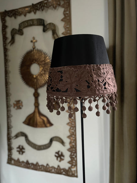 Bespoke Lampshade with Art Deco Cutwork Embroidered Border with Pom Pom Trim: C1920s France