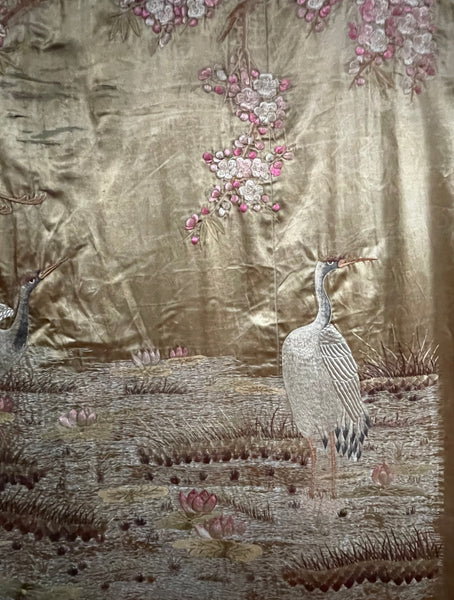 Antique Silk Embroidered Tapestry Wallhanging with Cherry Blossom & Storks: Japanese Meiji Period C19th Century. 223 x 175cm