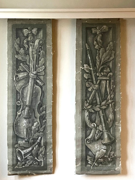 Pair Antique Trompe L’oiel Hand-painted Panels with Neo Classical Music Theme: C19th France