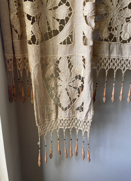 Antique Richelieu Hand Embroidered Pelmet or Café Curtain with Carved Beaded Fringe: C1900 France