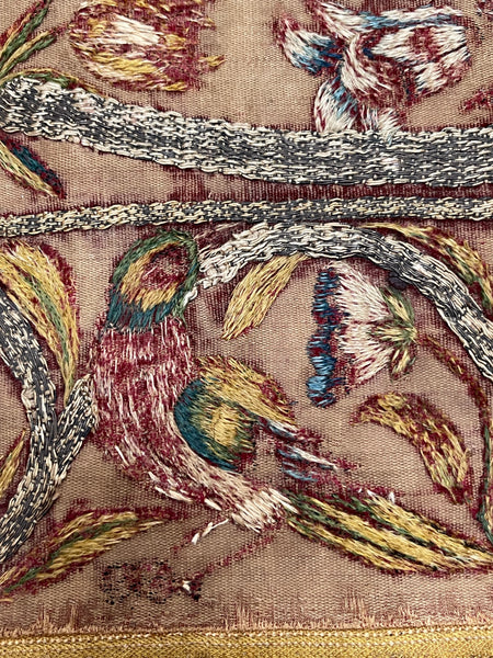 Early Silk and Metal Thread Embroidered Velvet Panel with Peacock and Flowers: C17th Italy or Spain