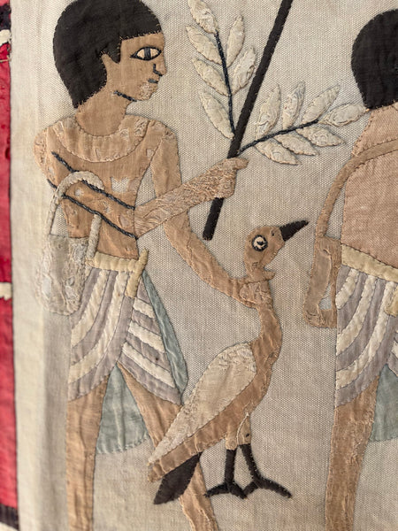 Antique Egyptian Revival Appliqué Wallhanging with Herders, Geese, Hieroglyphics: C1920s Egypt