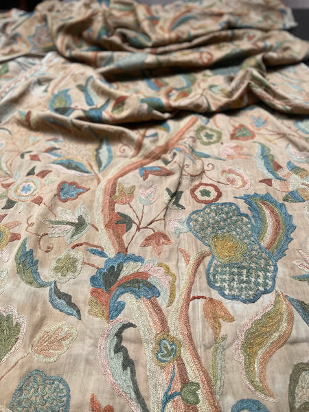 Antique Jacobean Revival Crewelwork Wallhanging with Tree of Life: C20th India for export to Europe