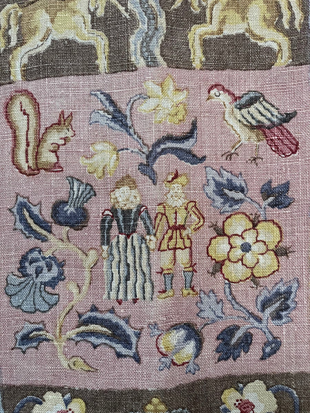 Charming Jacobean Revival Printed Linen Panel with Figures, Animals,  Florals: C1920 England