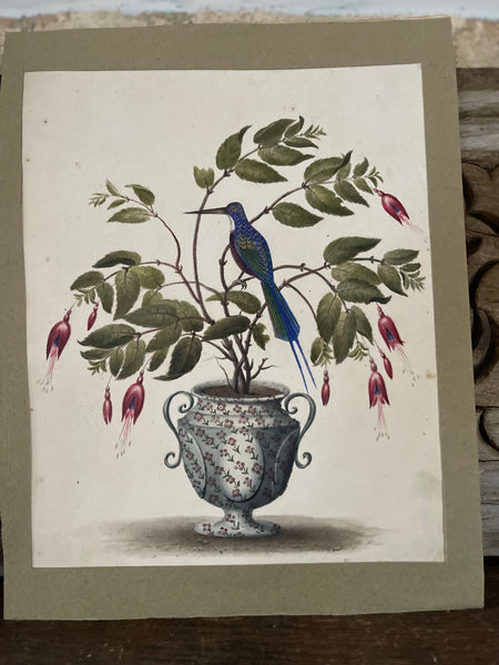 Fine Antique Watercolour Painting Bird & Flowers & Verse: C19th England