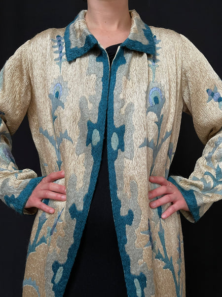 Art Deco Silk Embroidered Coat with Peacock Feathers: C1910 Britain