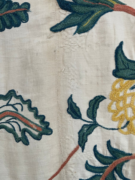 Original Antique Crewelwork Embroidered Bed Hanging: C18th Britain