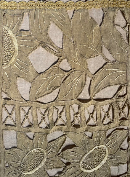 Pair Antique Art Deco French Richelieu Embroidered Linen Cafe Curtains Handmade Sunflower Motif