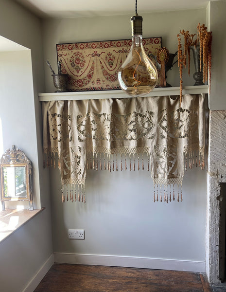 Antique Richelieu Hand Embroidered Pelmet or Café Curtain with Carved Beaded Fringe: C1900 France