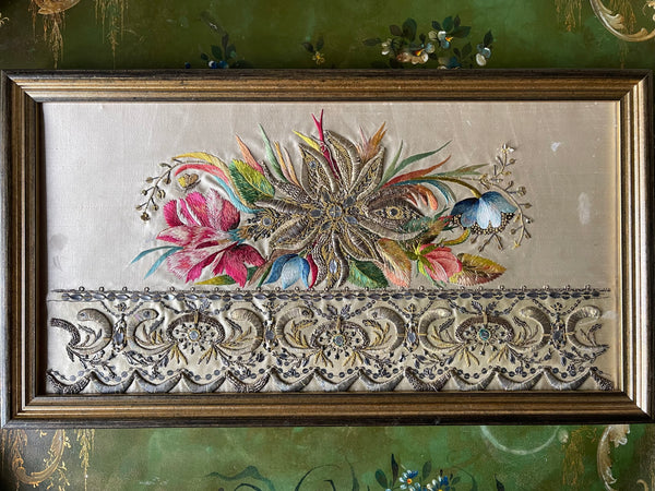 Pair of Museum Quality Italian Embroideries with Flowers and Insects Framed: C18th Italy