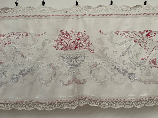 Antique Neo Renaissance White & Red-work Embroidered Pelmet Valance: C1900 Europe