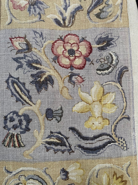 Charming Jacobean Revival Printed Linen Panel with Figures, Animals,  Florals: C1920 England