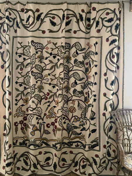 Crewelwork Hand Embroidered Bedcover or Wallhanging with Trees of Life: C20th India