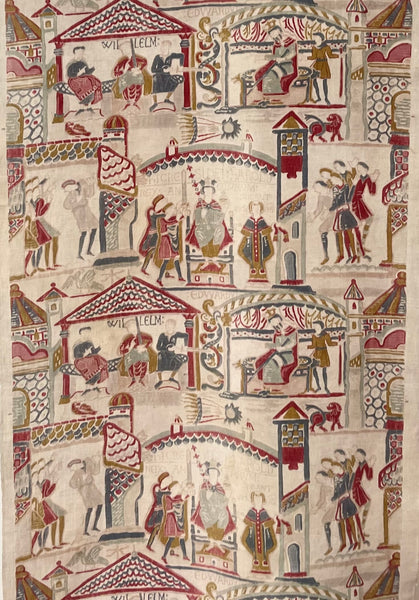 Antique Printed Linen Wallhanging Inspired by Bayeux Tapestry: C1920s Britain